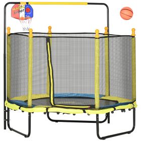 Yellow Kids Indoor Trampoline, 55 Inch with Enclosure Net, Horizontal Bar, and Basketball Hoop, for Ages 1-10